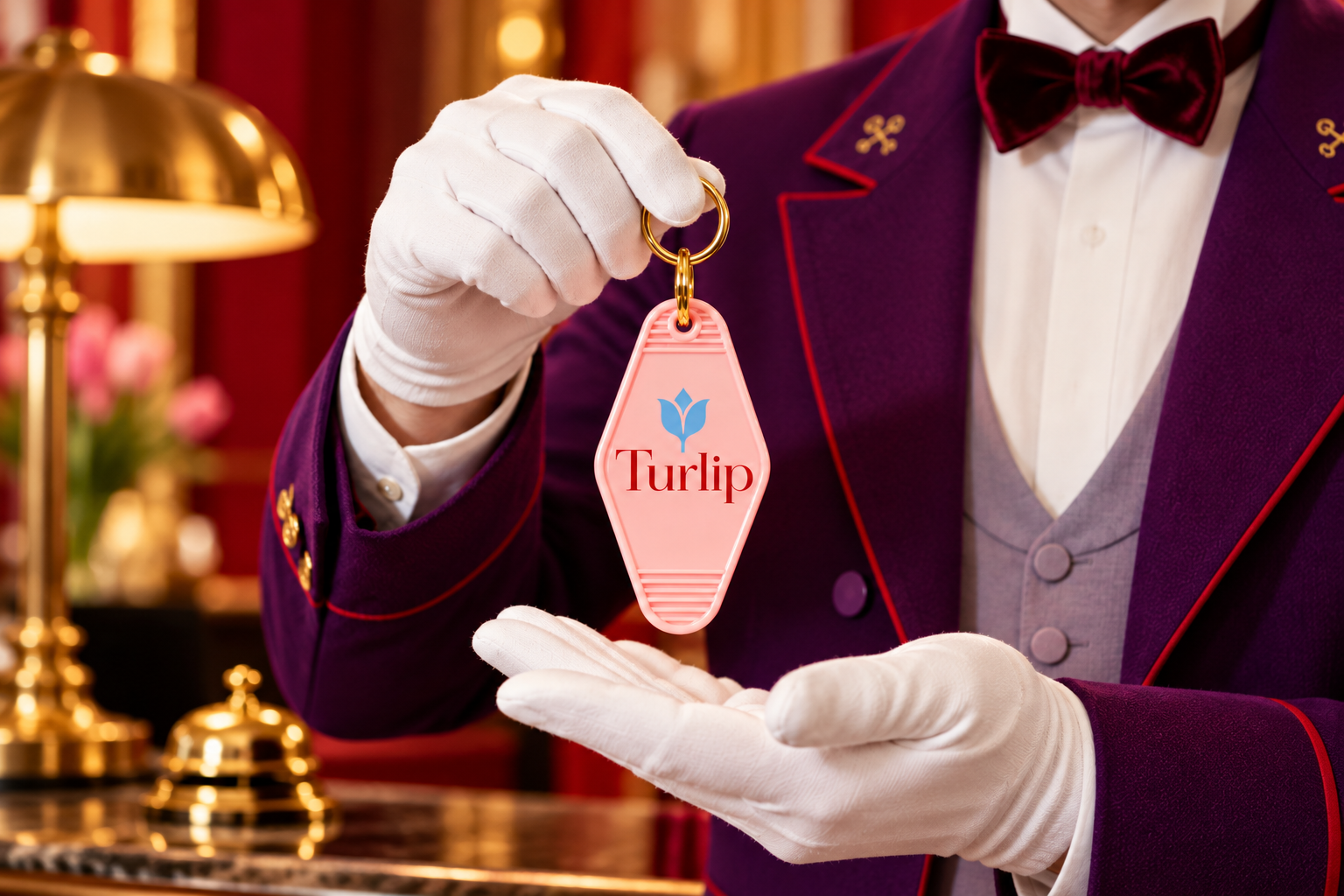 Консьерж передаёт ключ с розовым брелоком Turlip